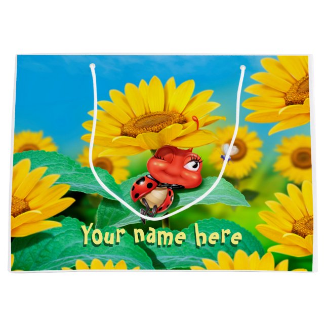 Large glossy gift bag sleepy Ladybug in sunflowers (Front)
