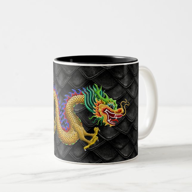 Large Gold Dragon on Dragon Scales Two-Tone Coffee Mug (Front Right)
