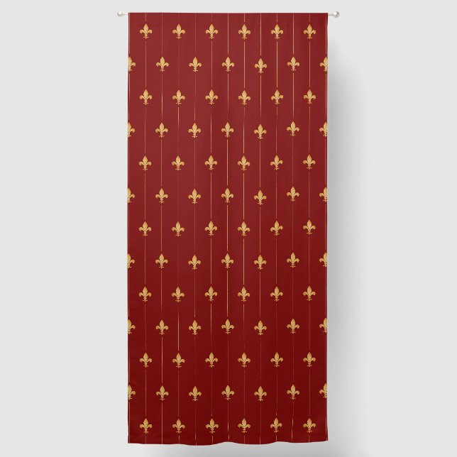 Large Gold Fleur-de-Lis Deep Red 108" Blackout Curtains (Front)