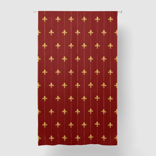 Large Gold Fleur-de-Lis Deep Red 84" Blackout Curtains (Front)