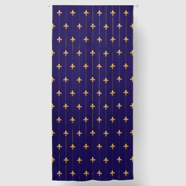 Large Gold Fleur-de-Lis Midnight Blue 108" Blackout Curtains (Front)