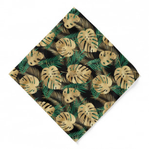 Large Gold & Green Tropical Leaves on Black Bandana