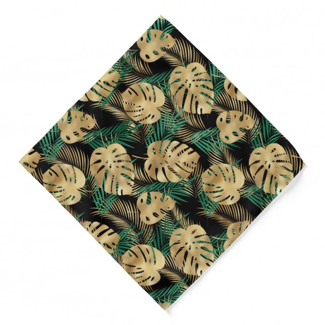 Large Gold & Green Tropical Leaves on Black Bandana (Front)