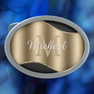 Large Gold Monogram, Script Name on Black Belt Buckle