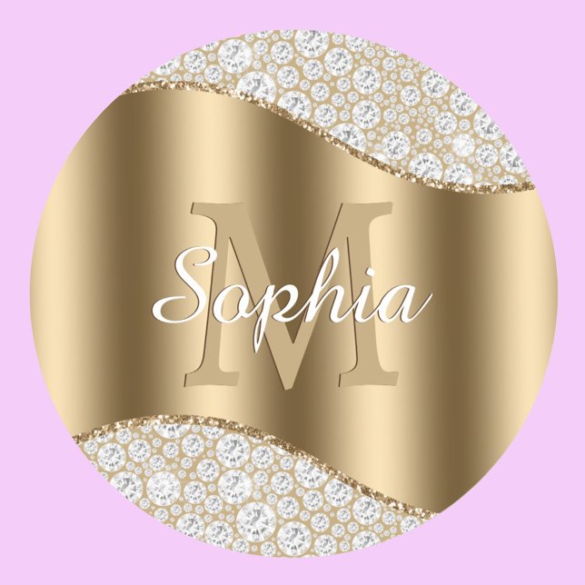 Large Gold Monogram, White Script Name, Diamonds Classic Round Sticker (Creator Uploaded)
