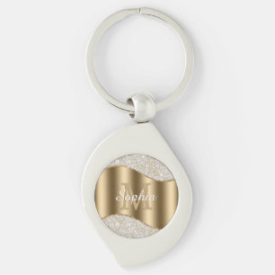 Large Gold Monogram, White Script Name, Diamonds K Keychain