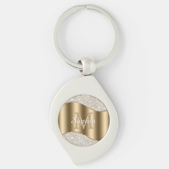 Large Gold Monogram, White Script Name, Diamonds K Keychain (Front)