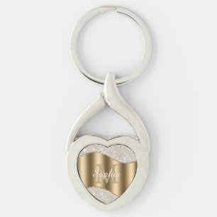 Large Gold Monogram, White Script Name, Diamonds Keychain