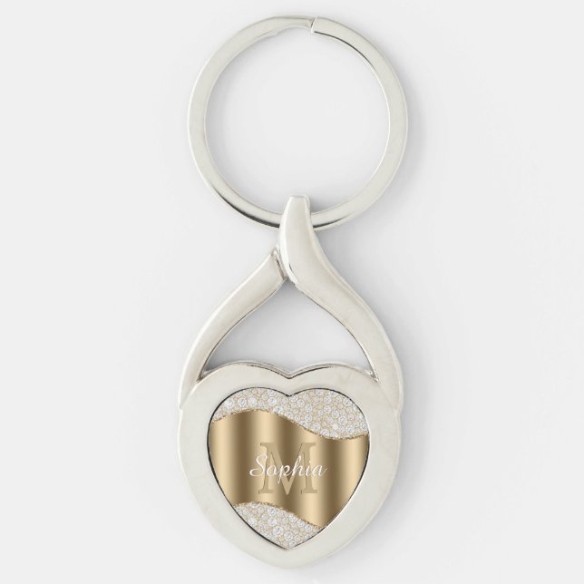Large Gold Monogram, White Script Name, Diamonds Keychain (Front)