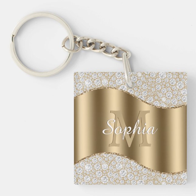 Large Gold Monogram, White Script Name, Diamonds Keychain (Front)