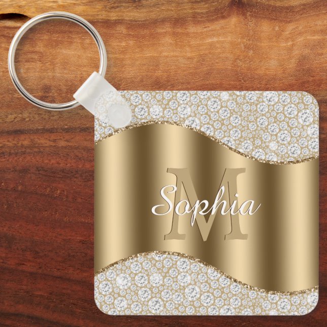 Large Gold Monogram, White Script Name, Diamonds Keychain (Front)