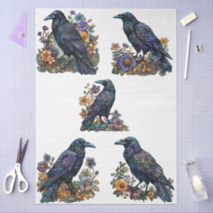 Large Gothic Floral Black Ravens Decoupage Tissue Paper
