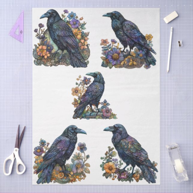 Large Gothic Floral Black Ravens Decoupage Tissue Paper (Craft)