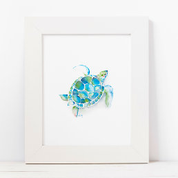 Large Green and Blue Watercolor Sea Turtle Art Poster
