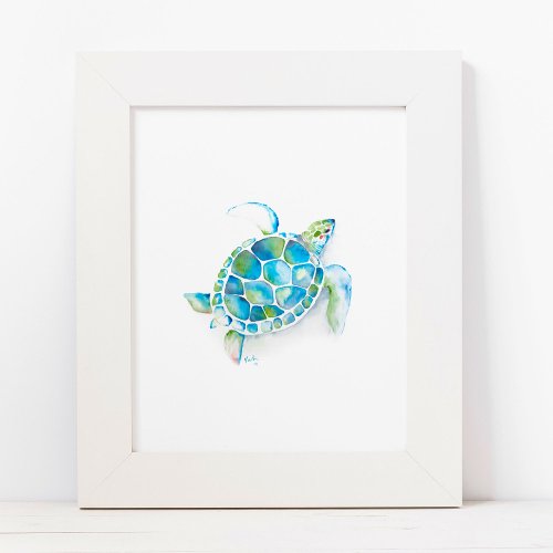 Large Green and Blue Watercolor Sea Turtle Art Poster