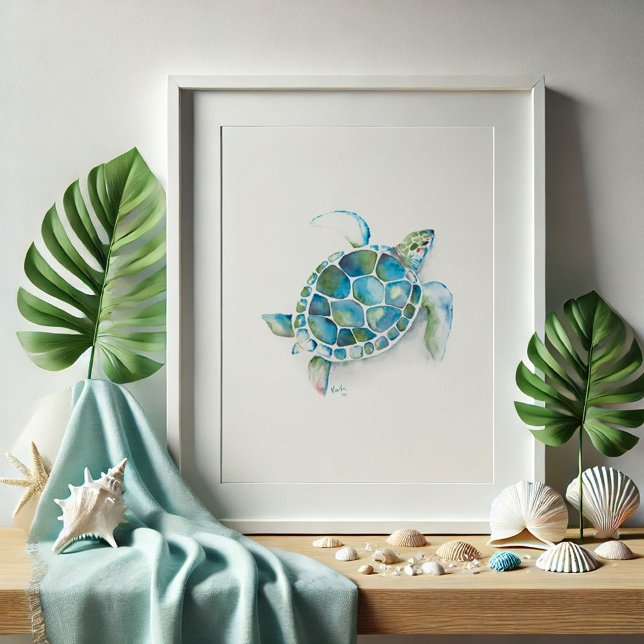 Large Green and Blue Watercolor Sea Turtle Art Poster (Watercolor sea turtle drawing by Victoria Grigaliunas of Do Tell A Belle unique beach pictures)