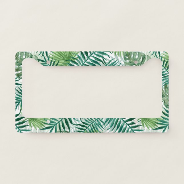 Large Green Fern Palm and Monstera Tropical Plants License Plate Frame (Front)