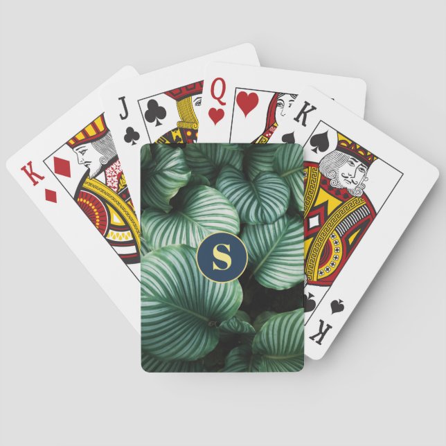 Large Green Leaves Design, Yellow Monogram Poker Cards (Back)