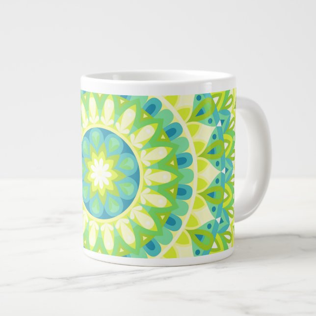 Large Green Mandala Nature Inspired Boho Oversized Giant Coffee Mug (Front Right)