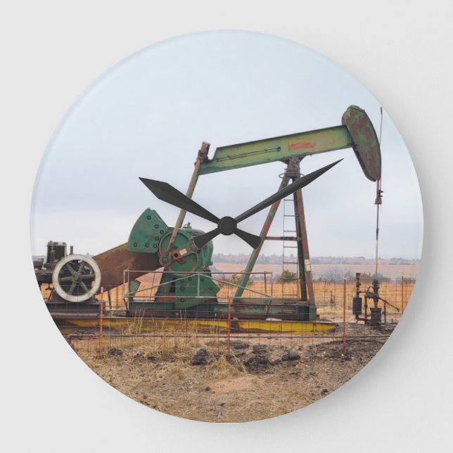 Large Green Pumpjack in an Oil Field Large Clock (Front)