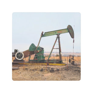Large Green Pumpjack in an Oil Field Metal Print