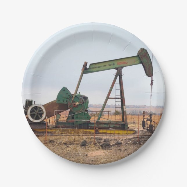 Large Green Pumpjack in an Oil Field Paper Plates (Front)
