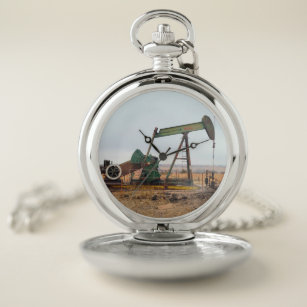 Large Green Pumpjack in an Oil Field Pocket Watch