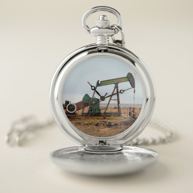 Large Green Pumpjack in an Oil Field Pocket Watch (Inside)