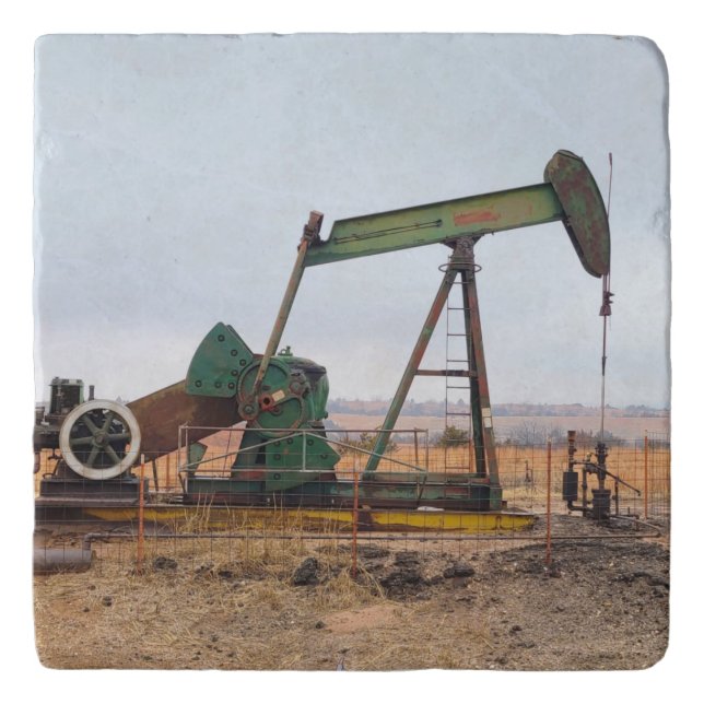Large Green Pumpjack in an Oil Field Trivet (Front)