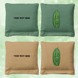 Large Green Silly Pickle shocked Looking Face Cornhole Bags