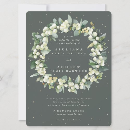 Large Green Snowberry  Eucalyptus Wreath Wedding Invitation