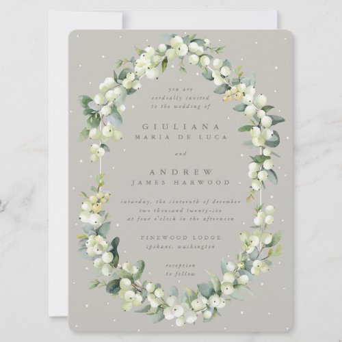 Large Greige SnowberryEucalyptus Winter Wedding Invitation