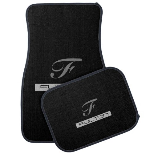 Large Grey Script Monogram  Black Name Black Car Floor Mat