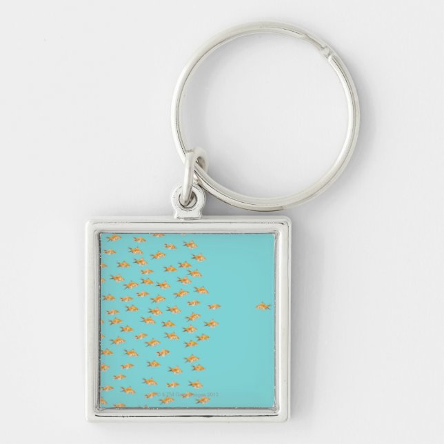Large group of goldfish facing one lone goldfish keychain (Front)