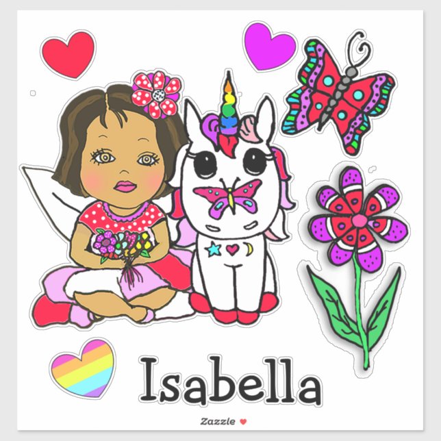 Large Hand Drawn Ethnic Fairy, Unicorn and Name Sticker (Sheet)