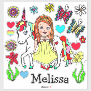 Large Hand Drawn Princess and Unicorn and Name Sticker