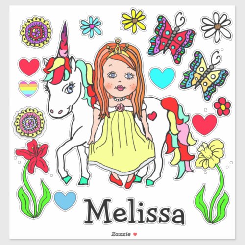 Large Hand Drawn Princess and Unicorn and Name Sticker