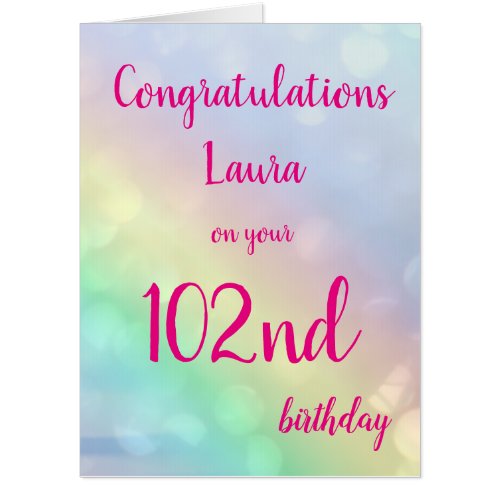 Large Happy 102nd Birthday personalised greeting Card