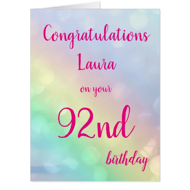 Large Happy 92nd Birthday design greeting Card (Front)