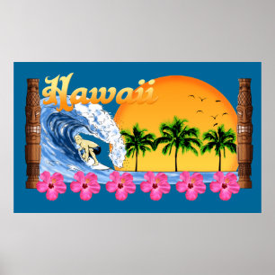 Large Hawaiian Surfing Poster