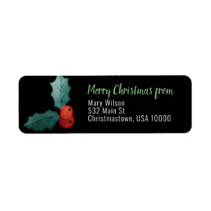 Large Holly Leaf with Red Berries, Christmas Label