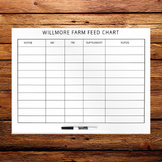 Large Horse Barn Feed Chart Equine Care Chart Dry Erase Board