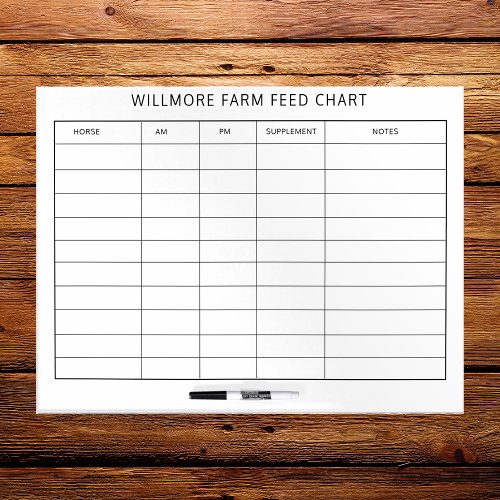 Large Horse Barn Feed Chart Equine Care Chart Dry Erase Board