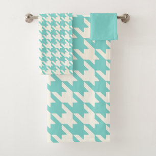 Large Houndstooth Pattern Aqua Blue and White Bath Towel Set