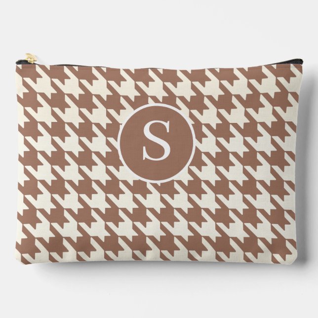 Large Houndstooth Pattern Mocha Mousse and White Accessory Pouch (Front)