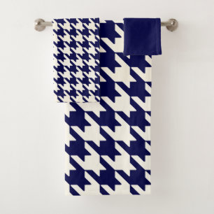 Large Houndstooth Pattern Navy Blue and White Bath Towel Set