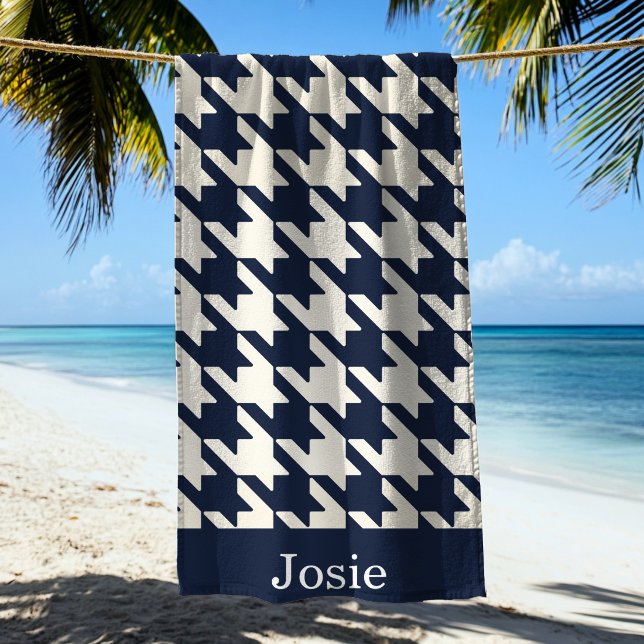 Large Houndstooth Pattern Navy Blue Beach Towel (Creator Uploaded)