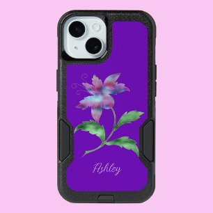 Large Iridescent Flower, Script Name on Purple iPhone 15 Case
