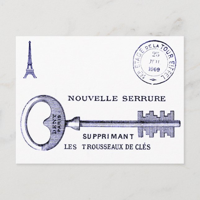 Large key design with Eiffel Tower and postmark Postcard (Front)