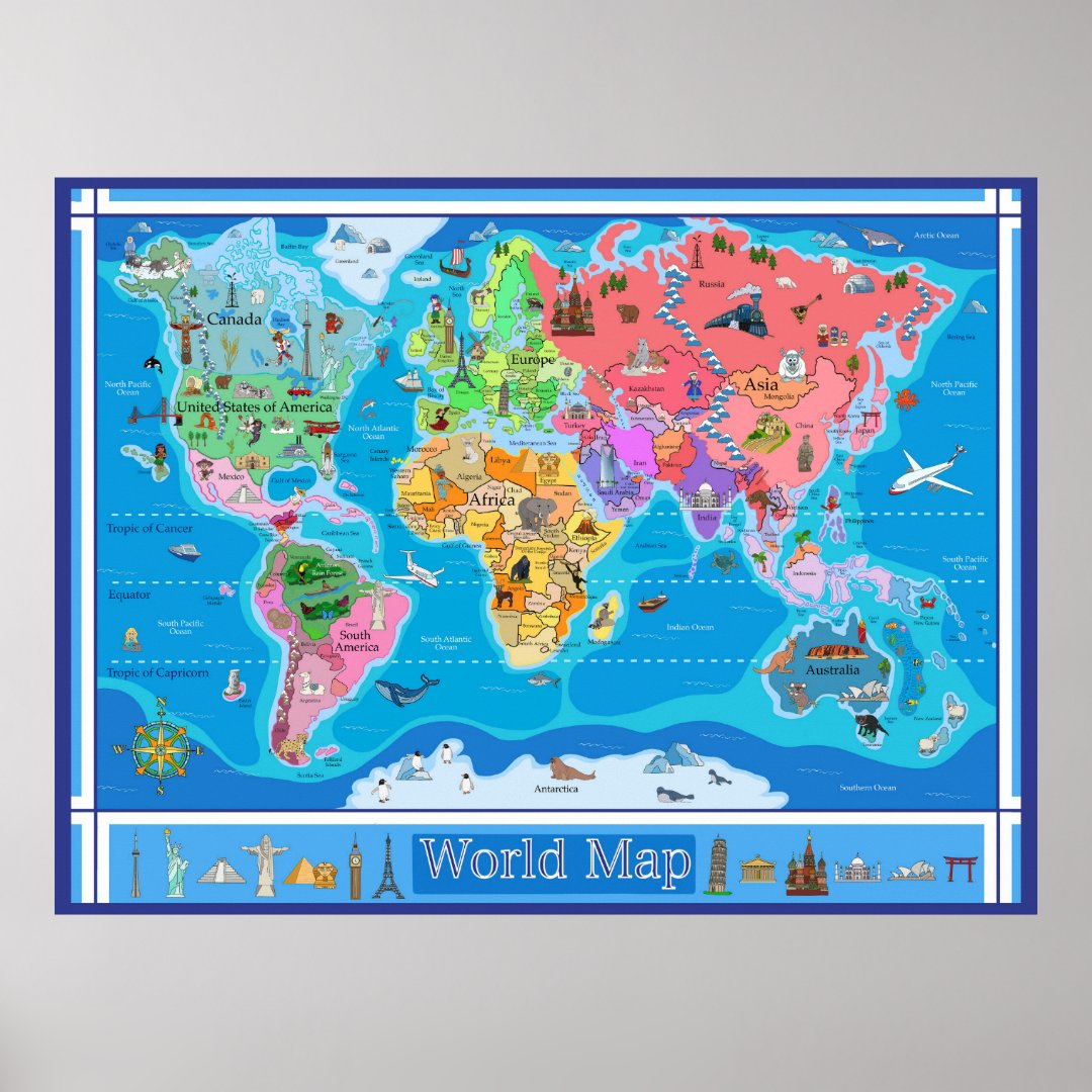 Large Kids Illustrated World Map - 42 x 32 Poster | Zazzle